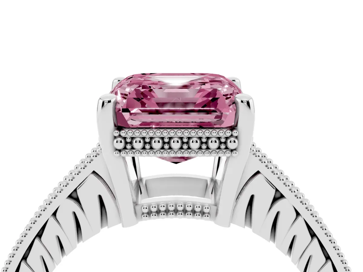 Fancy Pink Asscher Cut Solitaire Pavé Diamond Milgrain Engagement Ring with Four-Prong Setting Platinum