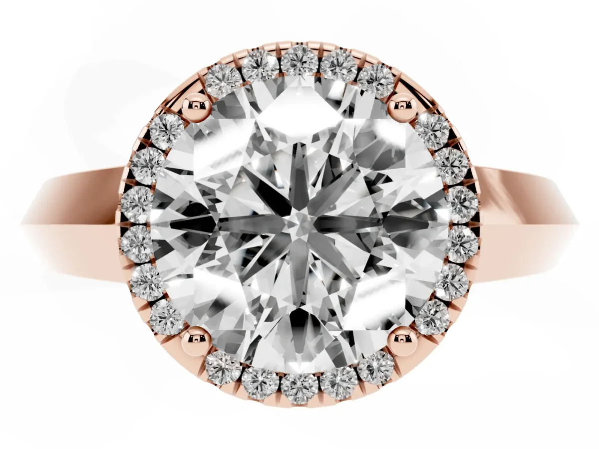 Round Cut Halo Diamond Ring with Cathedral Band and Four-Prong Setting Rose gold