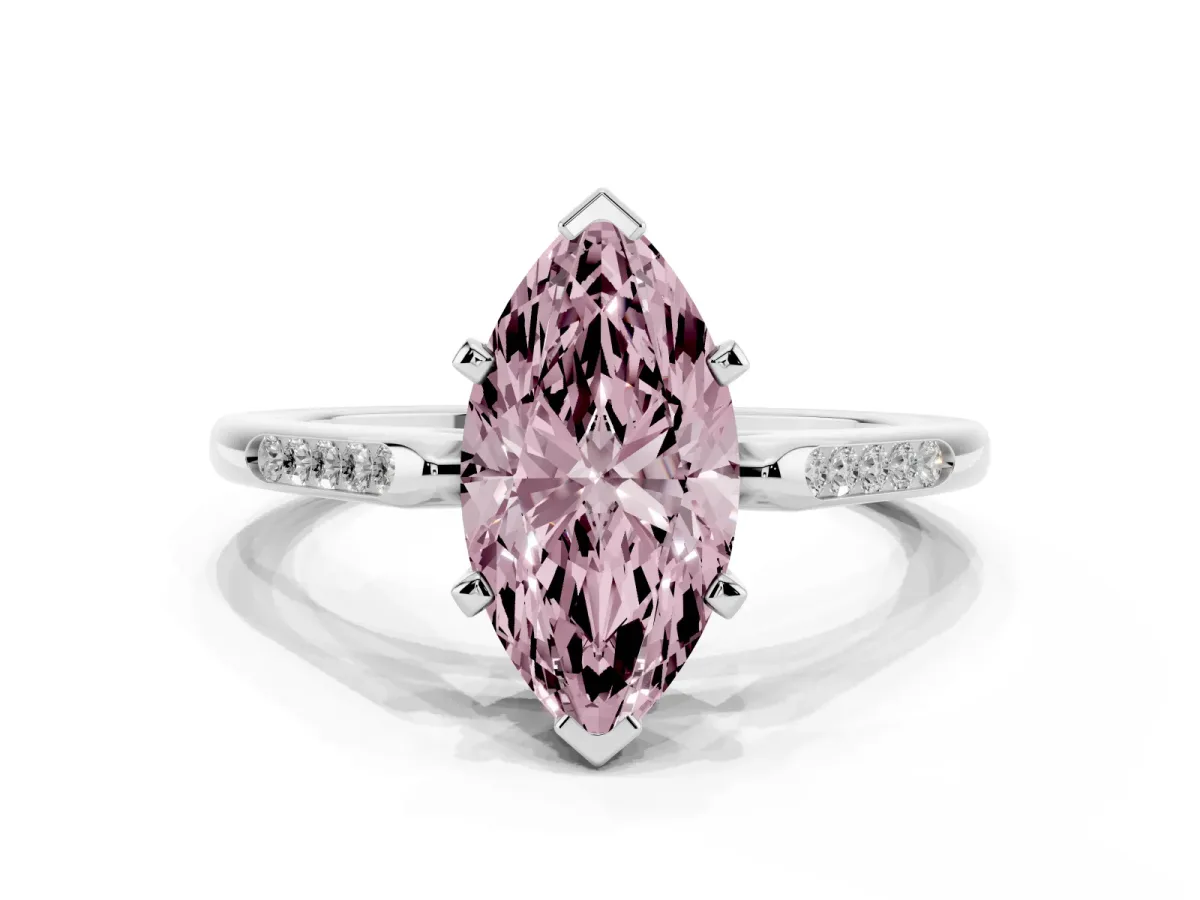 Fancy Pink Marquise Cut Diamond Solitaire Ring with Channel Set Round Band and Prong Setting Silver
