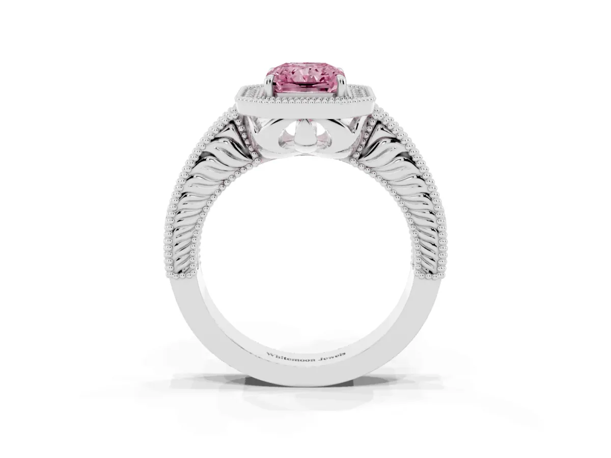Fancy Pink Radiant Cut Cut Halo Diamond Ring with Pavé Band and Four-Prong Setting Silver