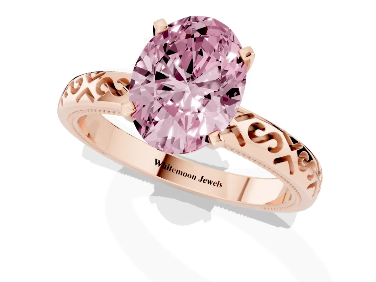 Fancy Pink Oval Cut Solitaire Engagement Ring with Scrollwork Band and Four-Prong Setting Rose gold
