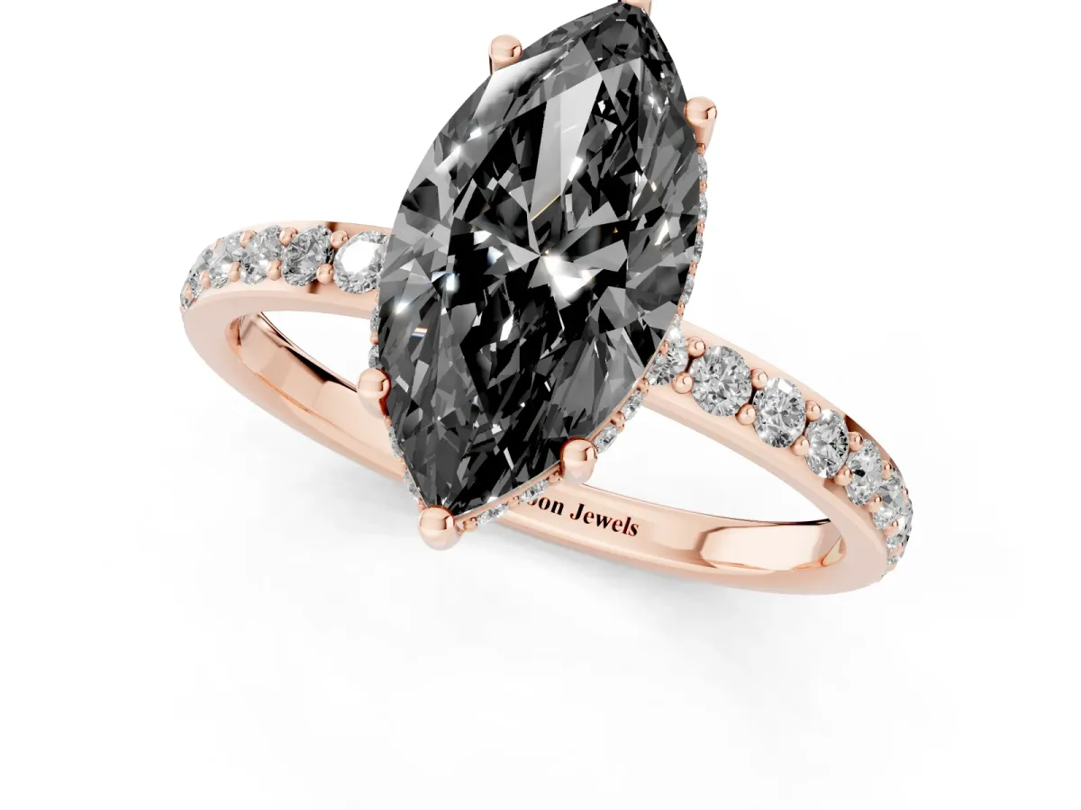 Fancy Black Marquise Cut Diamond Solitaire Ring with Pavé Band and Hidden Halo Rose gold