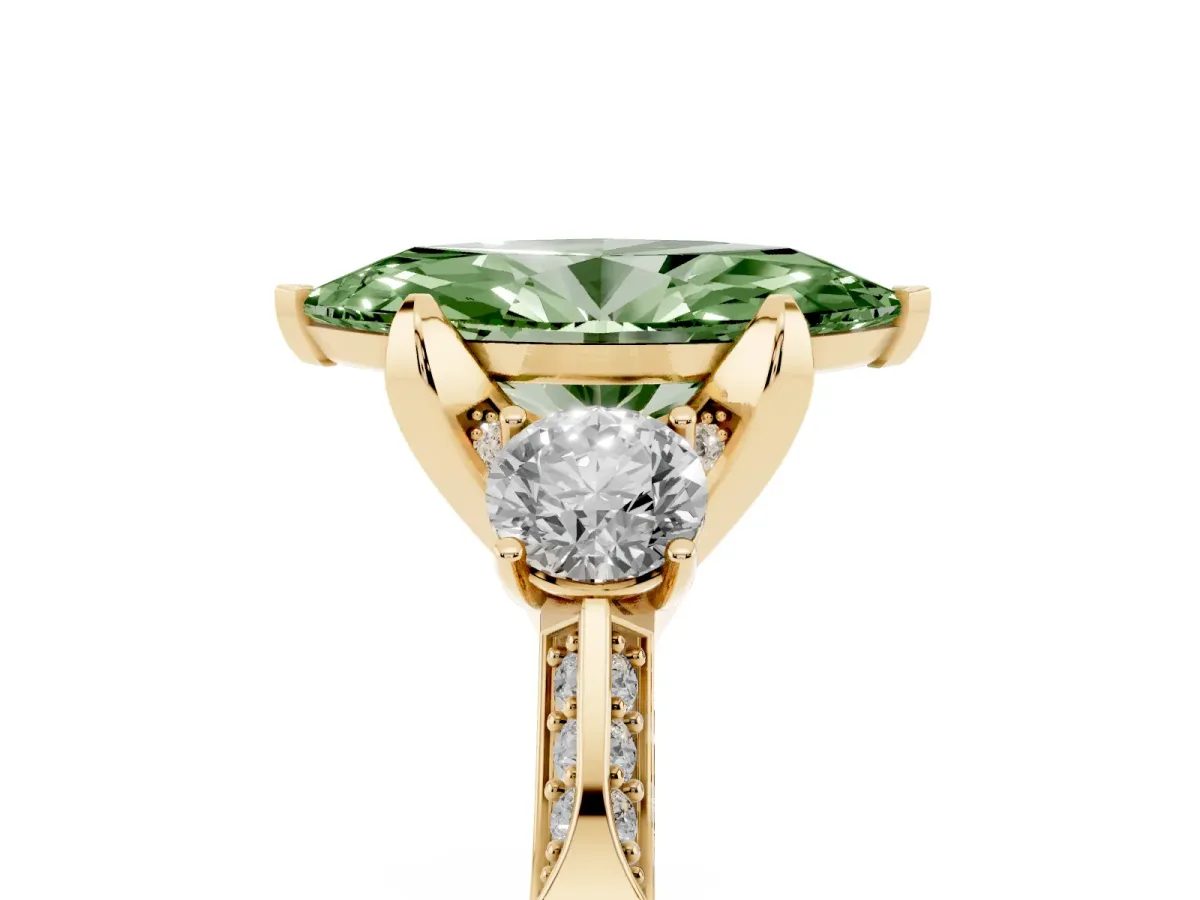 Fancy Green Marquise Cut Brilliant Three-Stone Diamond Ring with Pavé Band and Four-Prong Setting Yellow gold