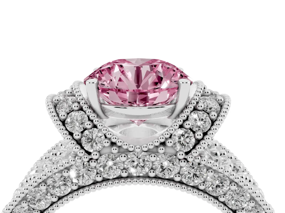 Fancy Pink Round Cut Halo Pave Diamond Engagement Ring with Milgrain Detailing Silver