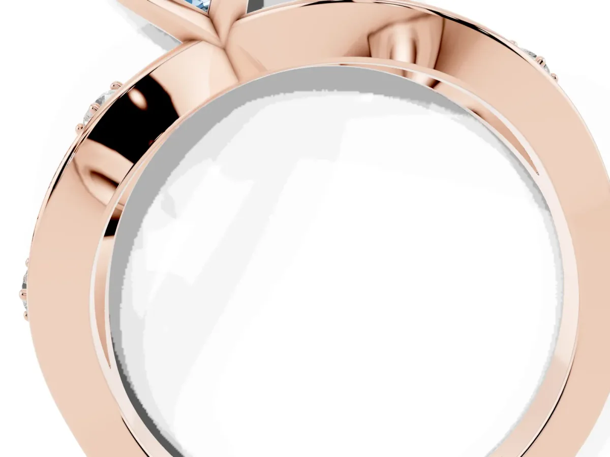 Fancy Blue Princess Cut Cut Solitaire Diamond with Side Stones on Criss-Cross Band and Four-Prong Setting Rose gold