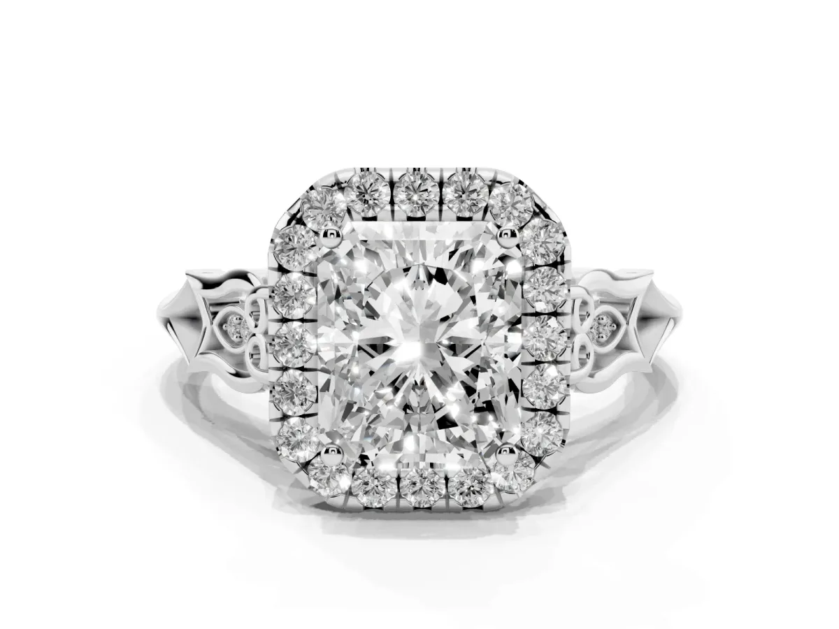 Radiant Cut Halo Diamond Engagement Ring with Filigree Band and Four-Prong Setting Silver