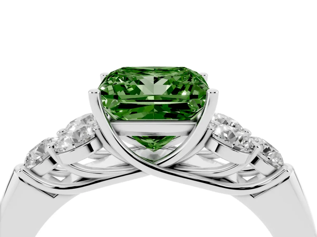 Fancy Green Princess Cut Cut Diamond Cluster Ring with Round Accent Stones and Prong Setting on a Classic Band White gold