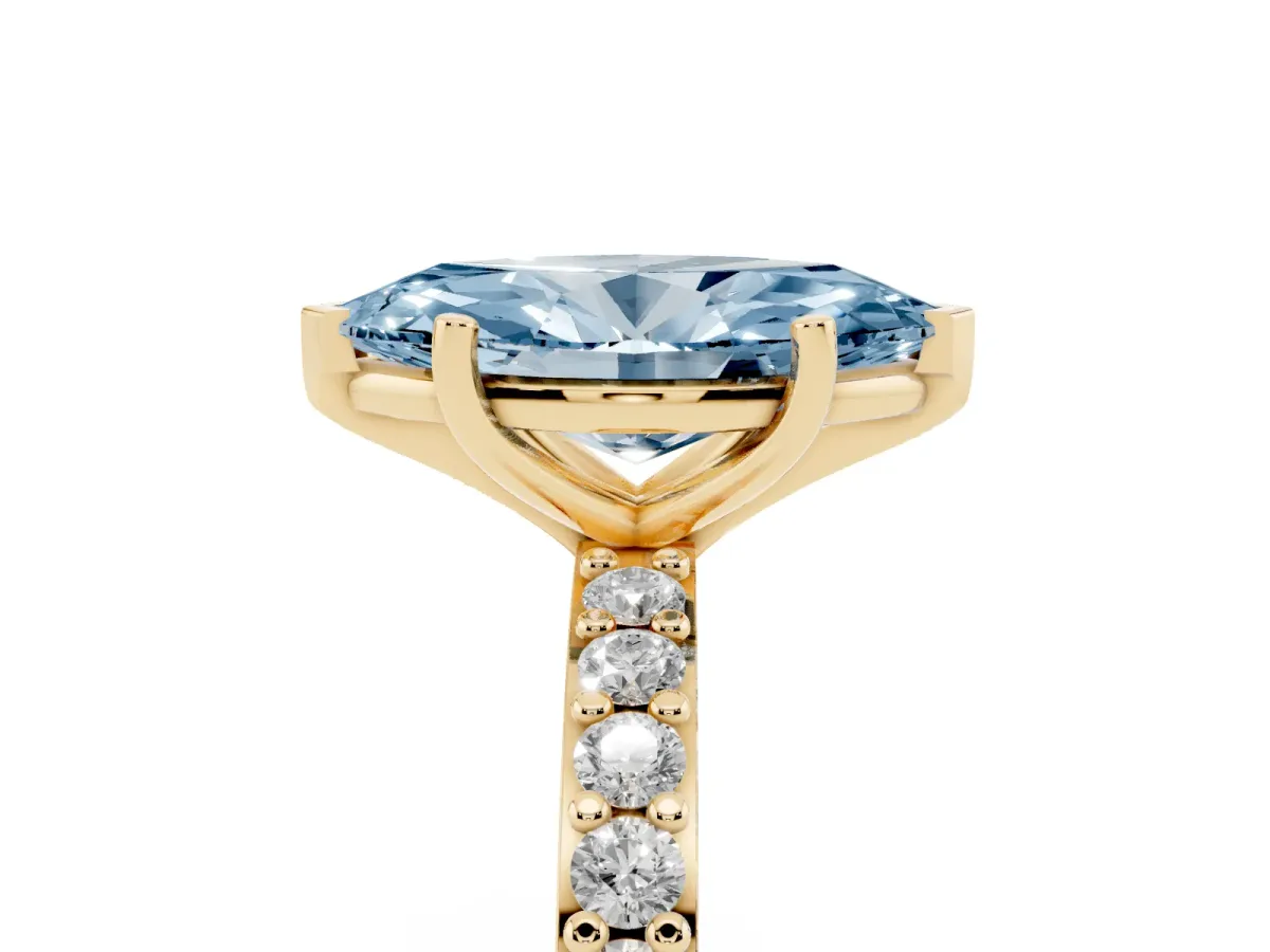 Fancy Blue Marquise Cut Cut Diamond Solitaire with Pave Band and Four-Prong Setting Yellow gold