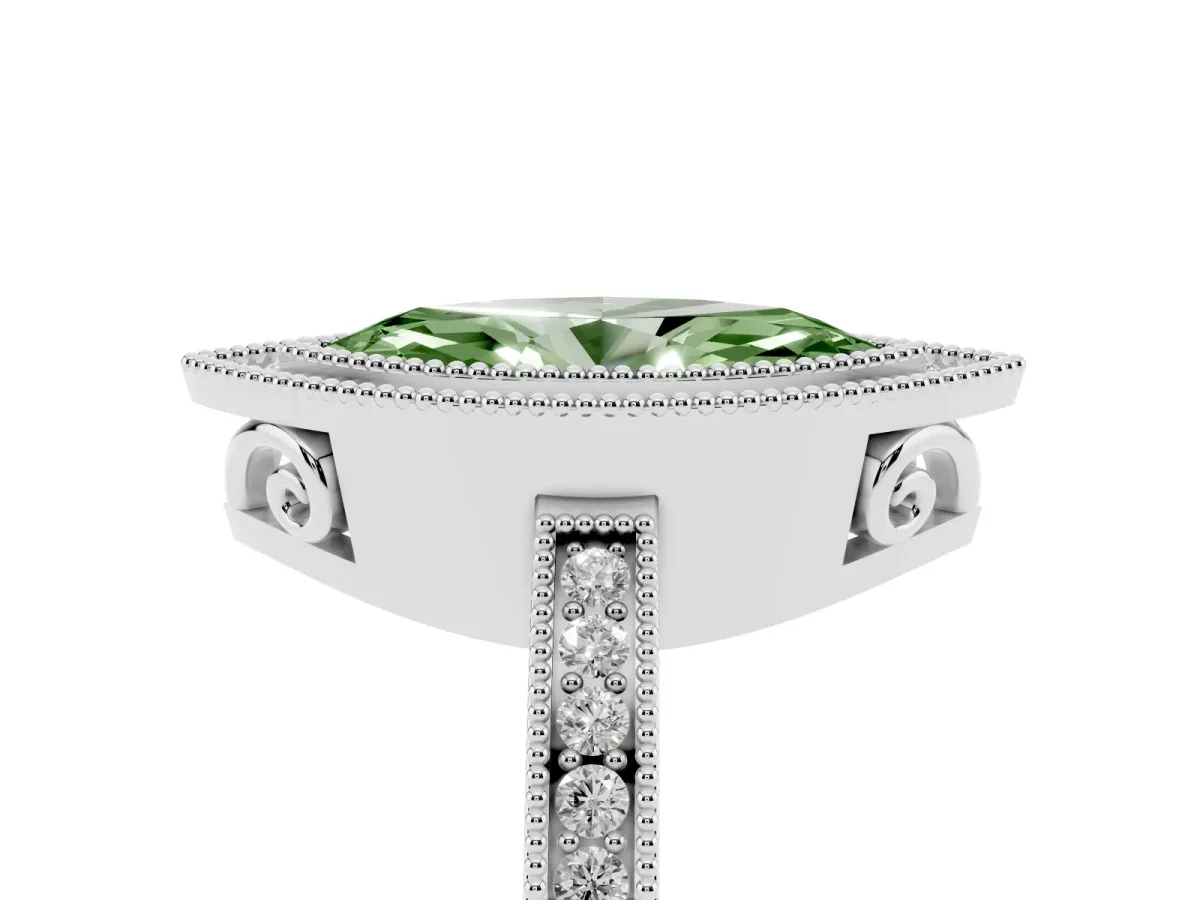 Fancy Green Marquise Cut Cut Halo Diamond Ring with Pavé Band and Milgrain Prong Setting White gold