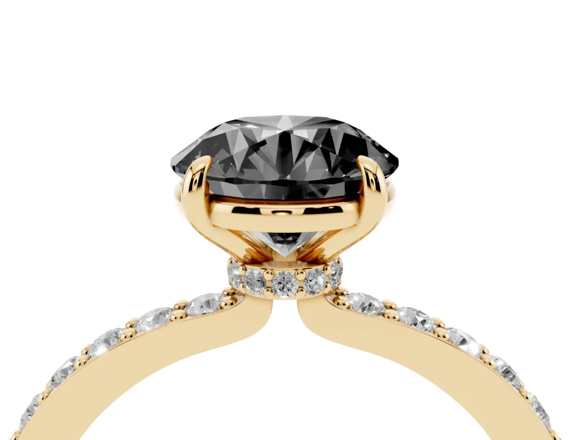 Fancy Black Round Cut Diamond Pavé Engagement Ring with Round Accents and Prong Setting Yellow gold