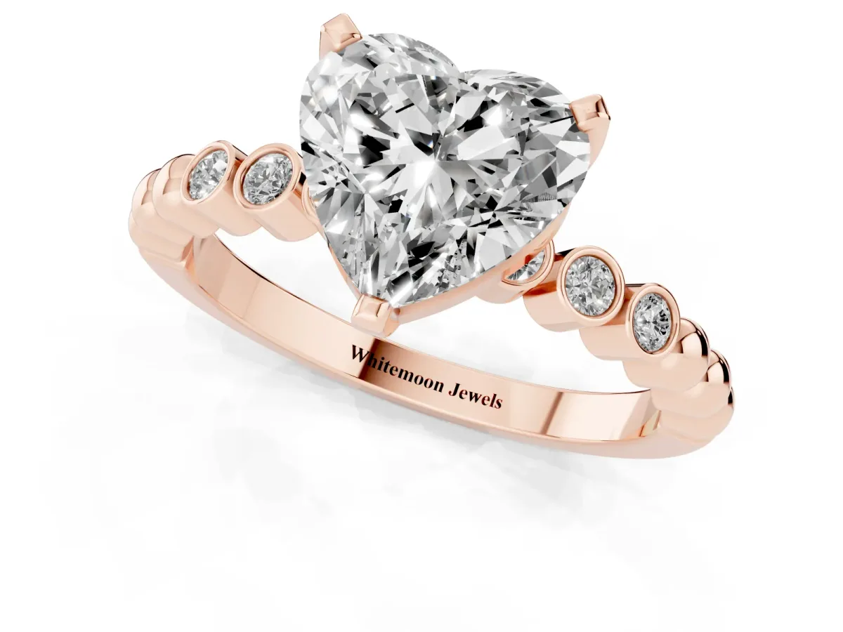 Heart Cut Solitaire Bezel Accent Diamond Engagement Ring with Beaded Band and Four-Prong Setting Rose gold