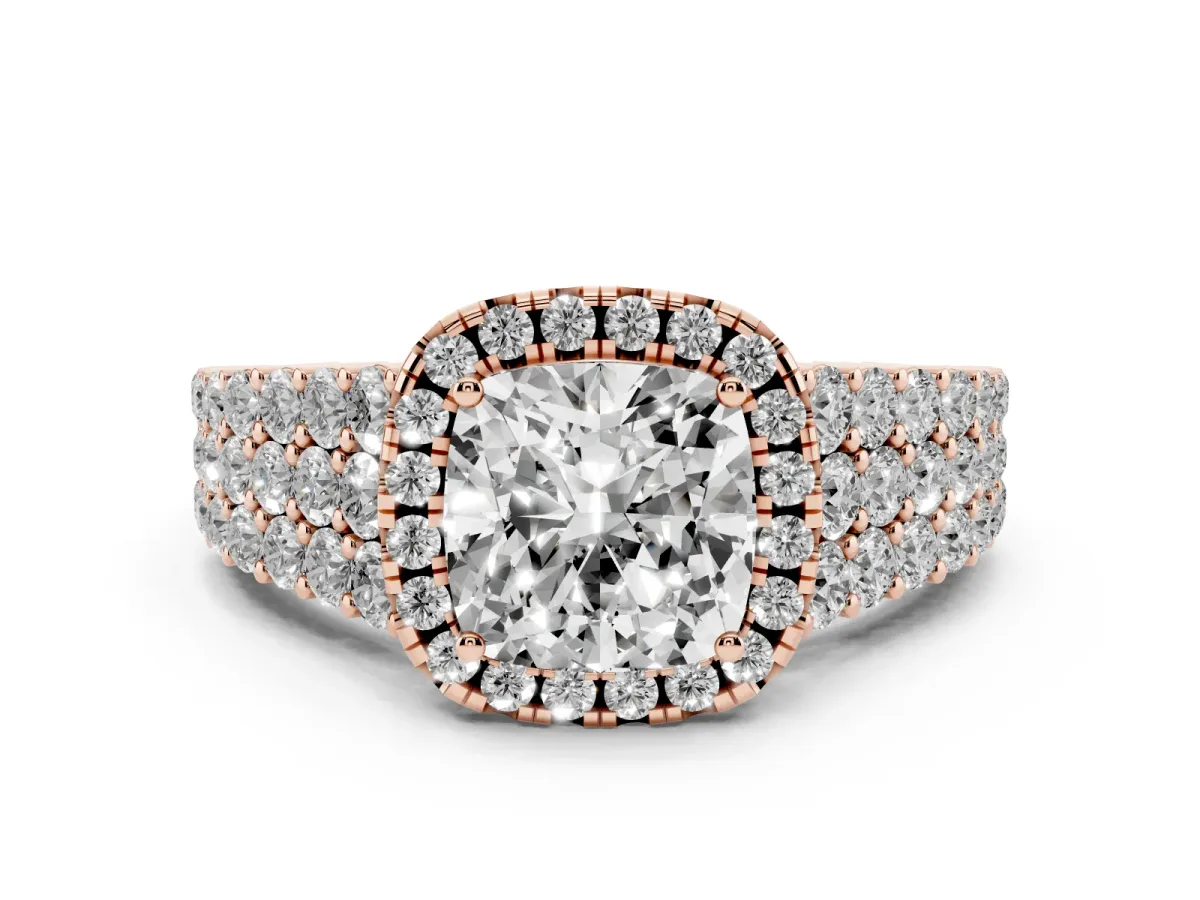 Cushion Cut Diamond Halo Engagement Ring with Triple Row Round Pavé Band and Prong Setting Rose gold