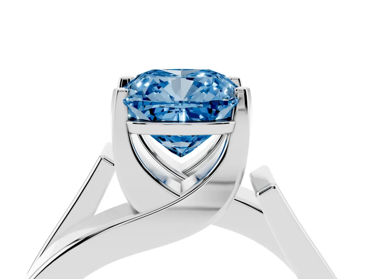 Fancy Blue Modern Tension Set Cushion Cut Diamond Solitaire Wide Band Ring Silver