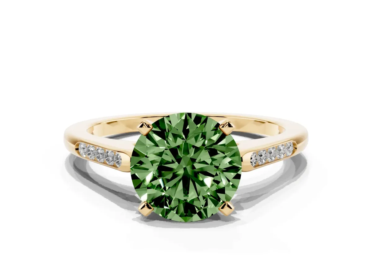 Fancy Green Round Cut Diamond Solitaire Ring with Channel Set Round Band and Prong Setting Yellow gold
