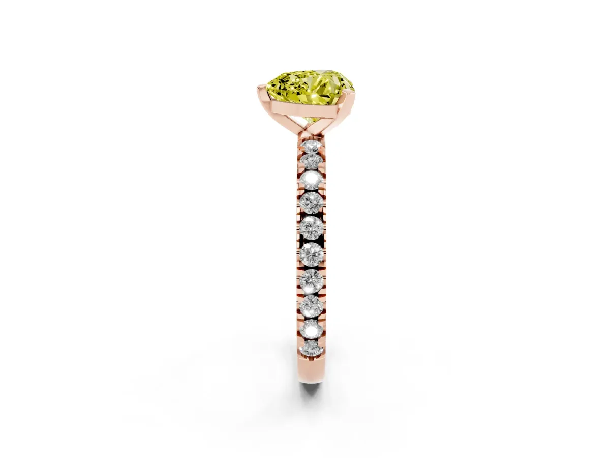Fancy Yellow Heart Cut Diamond Pavé Band Solitaire with Four-Prong Setting Rose gold