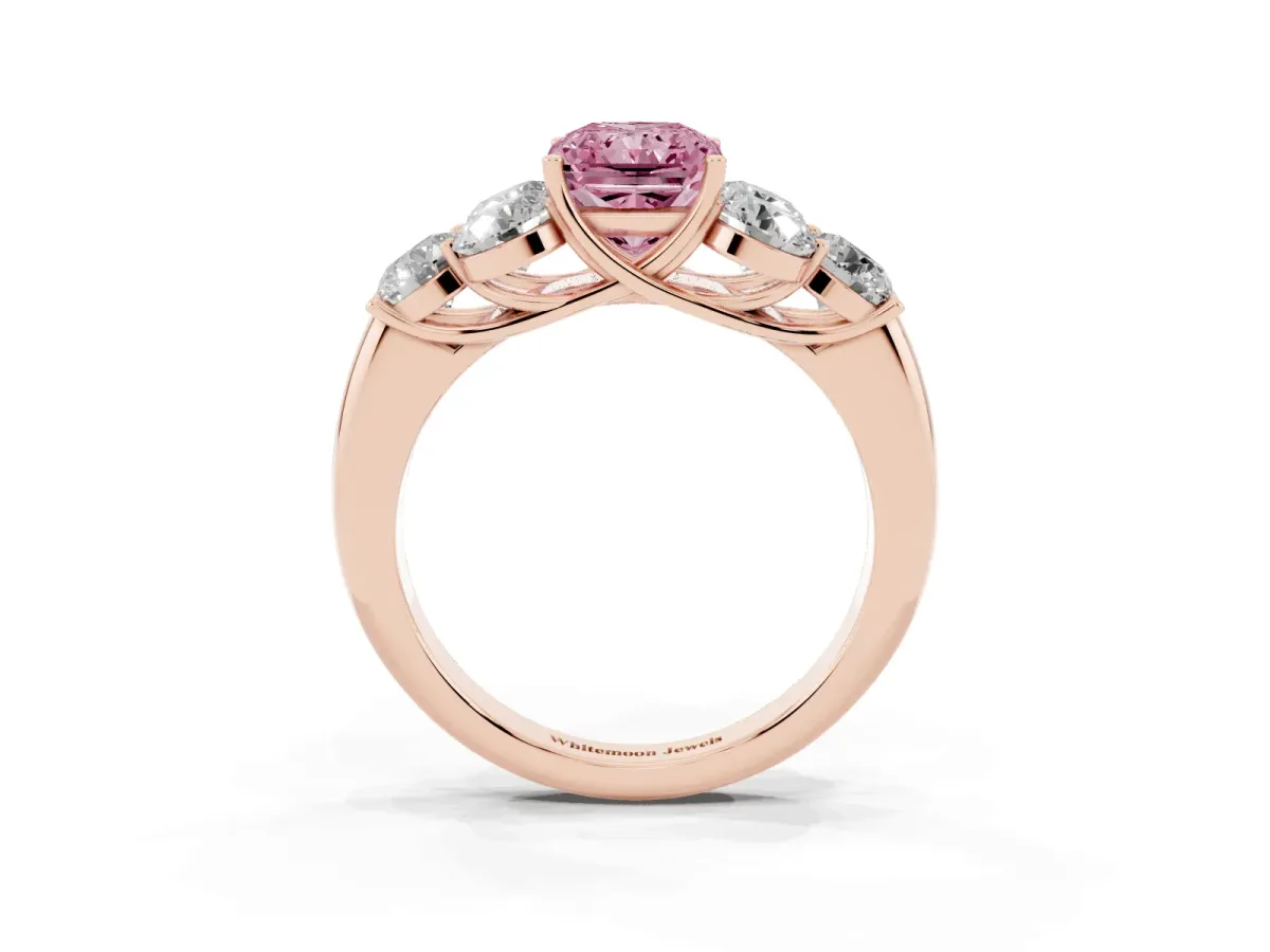 Fancy Pink Radiant Cut Cut Diamond Cluster Ring with Round Accent Stones and Prong Setting on a Classic Band Rose gold