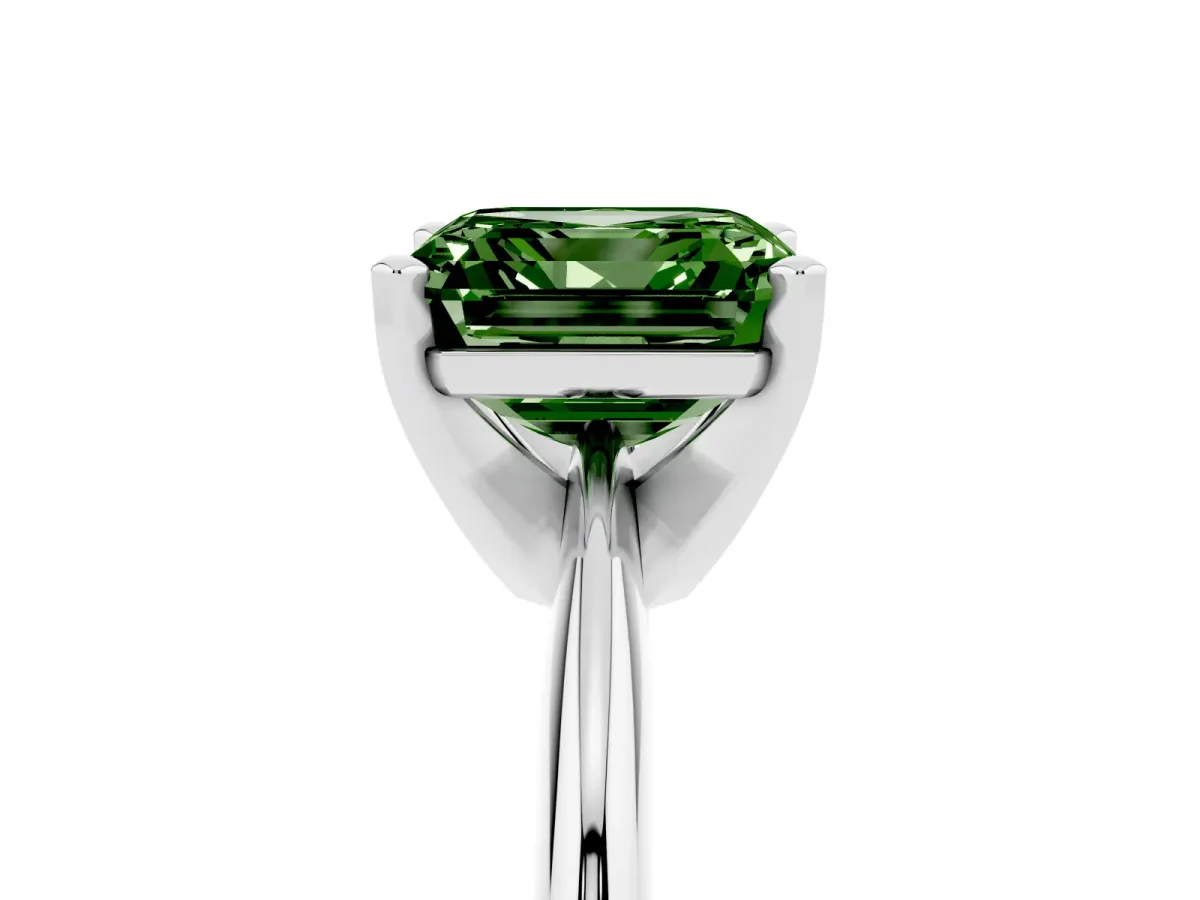 Fancy Green Asscher Cut Cut Solitaire Ring with Four-Prong Setting on a Classic Band Silver