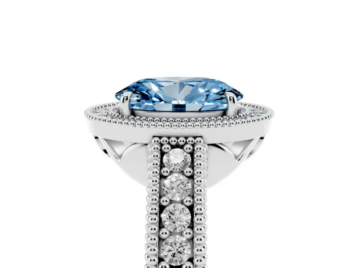 Fancy Blue Oval Cut Cut Halo Diamond Ring with Pavé Band and Four-Prong Setting Platinum