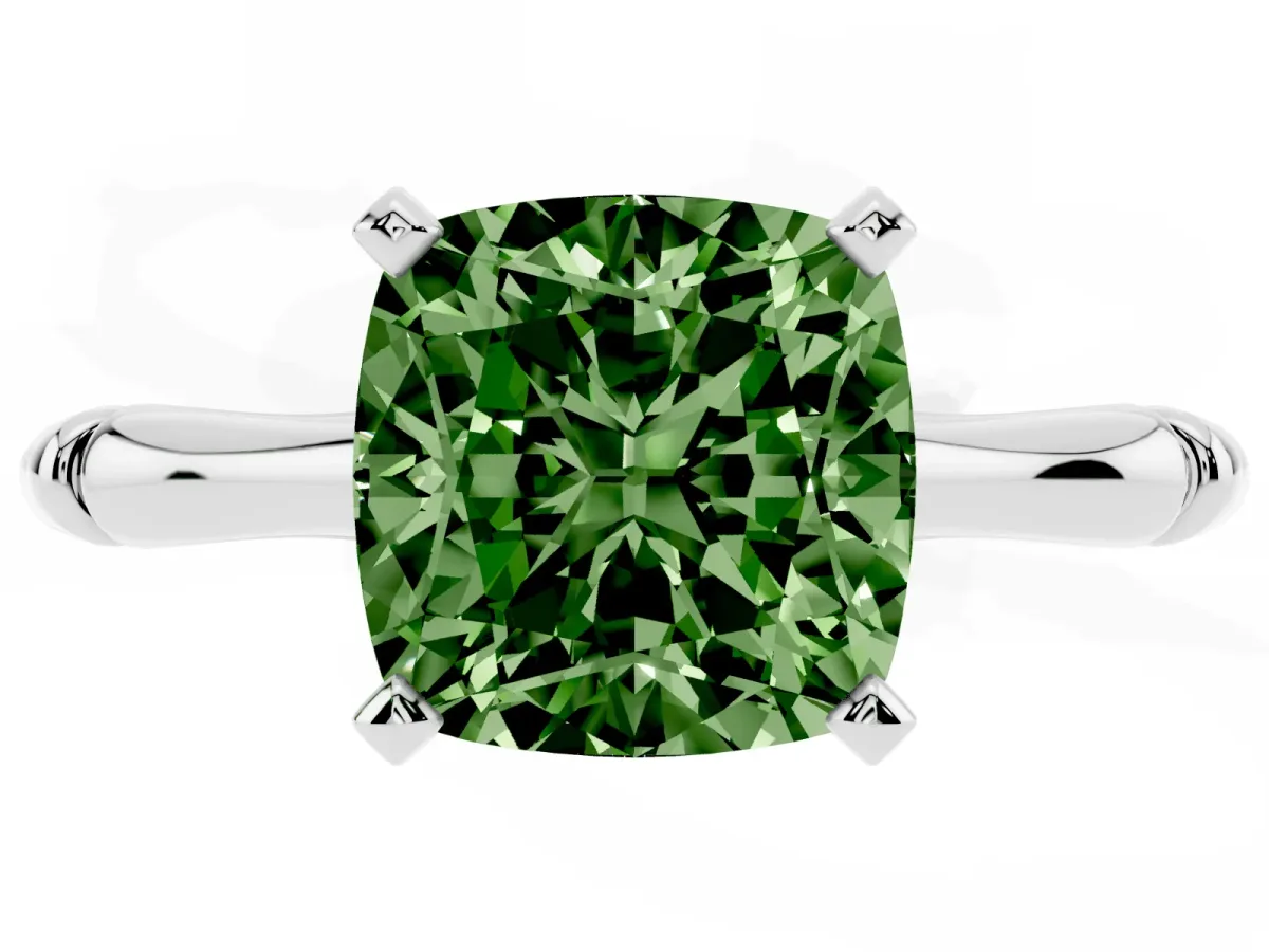 Fancy Green Cushion Cut Solitaire Diamond Ring with Bamboo Band and Four-Prong Setting Silver