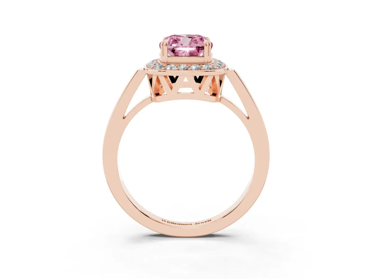 Fancy Pink Cushion Cut Diamond Halo Ring with Split Shank and Four-Prong Setting Rose gold