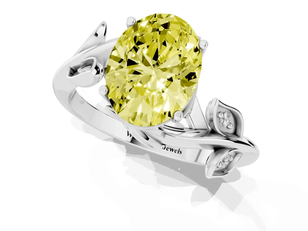 Fancy Yellow Oval Cut Solitaire Twist Engagement Ring with Leaf Accents and Prong Setting Silver