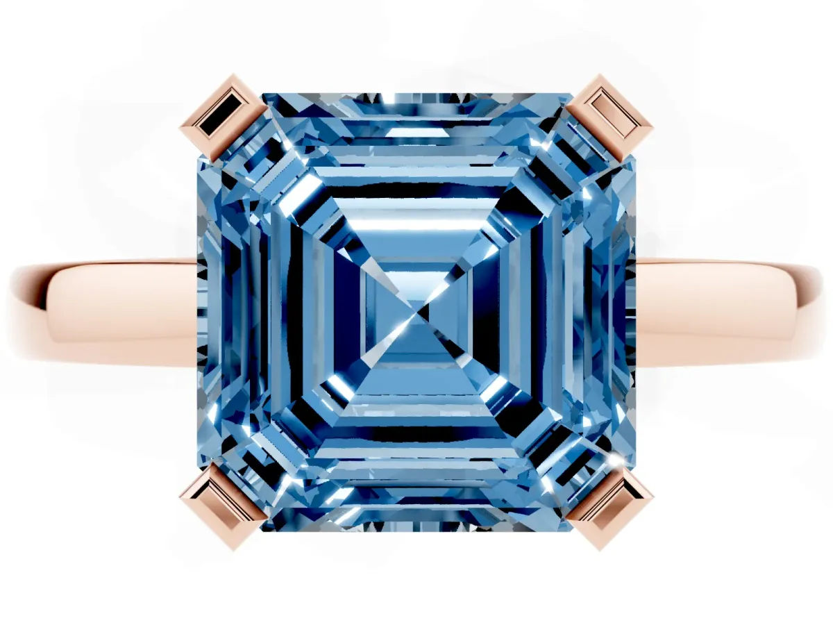 Fancy Blue Asscher Cut Cut Solitaire Ring with Four-Prong Setting and Classic Band Rose gold