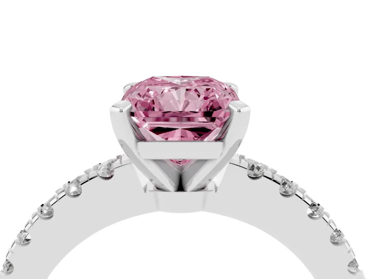 Fancy Pink Radiant Cut Solitaire Diamond with Pavé Band and Four-Prong Setting White gold