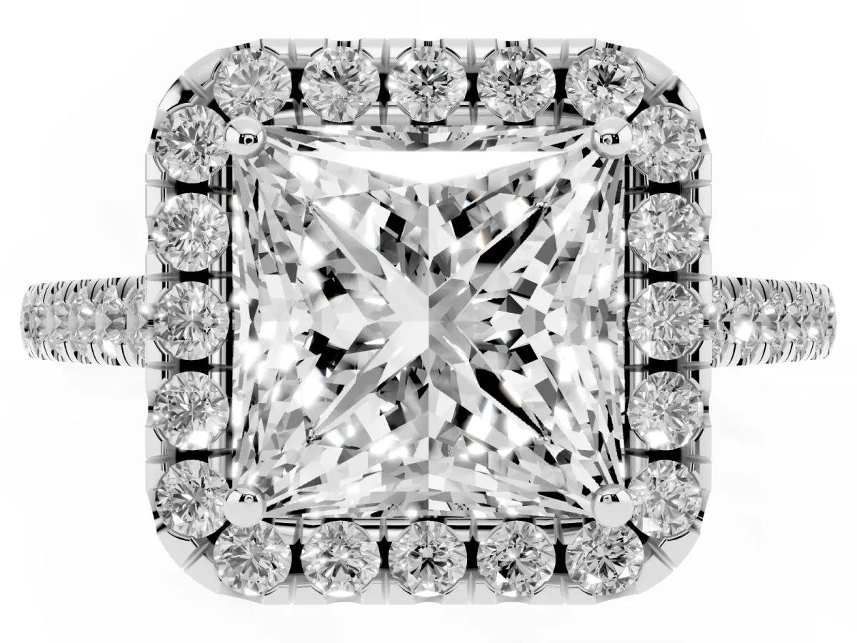 Princess Cut Halo Pavé Diamond Engagement Ring with Four-Prong Setting Silver