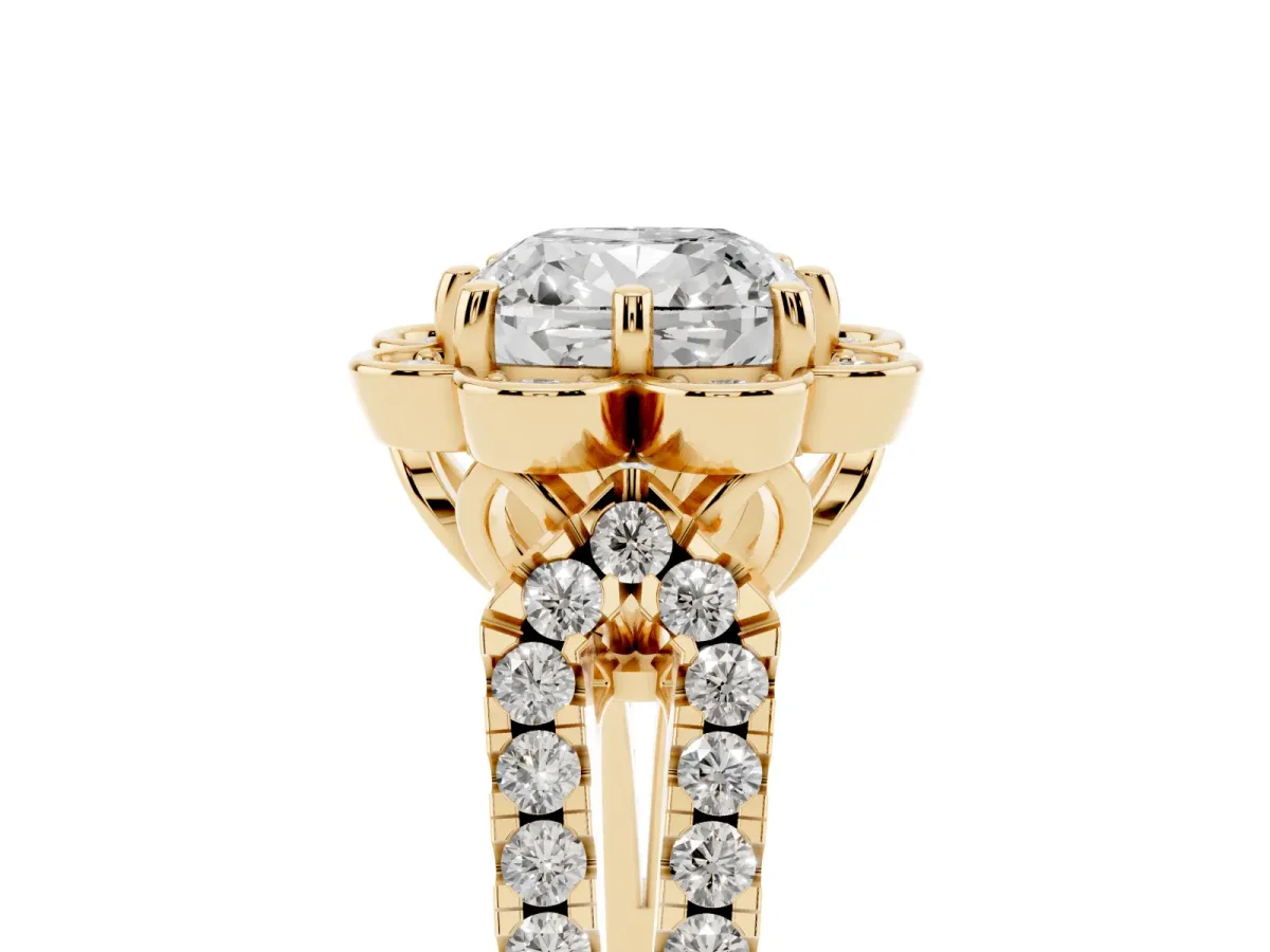 Cushion Cut Halo Diamond Floral Split Shank Engagement Ring Yellow gold