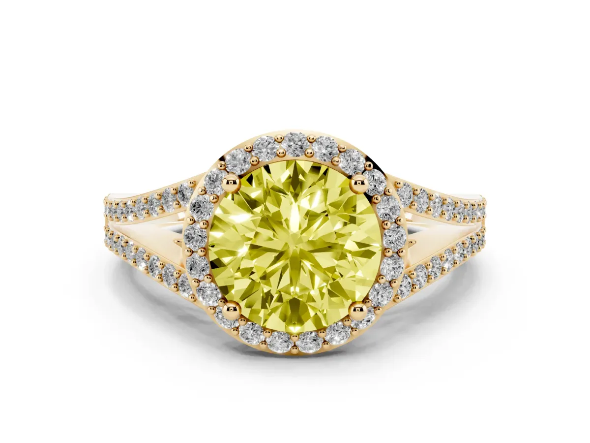 Fancy Yellow Round Cut Halo Split Shank Diamond Ring with Prong Setting Yellow gold
