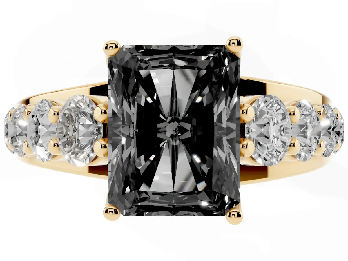 Fancy Black Radiant Cut Diamond Engagement Ring with Pavé Band and Four-Prong Setting Yellow gold
