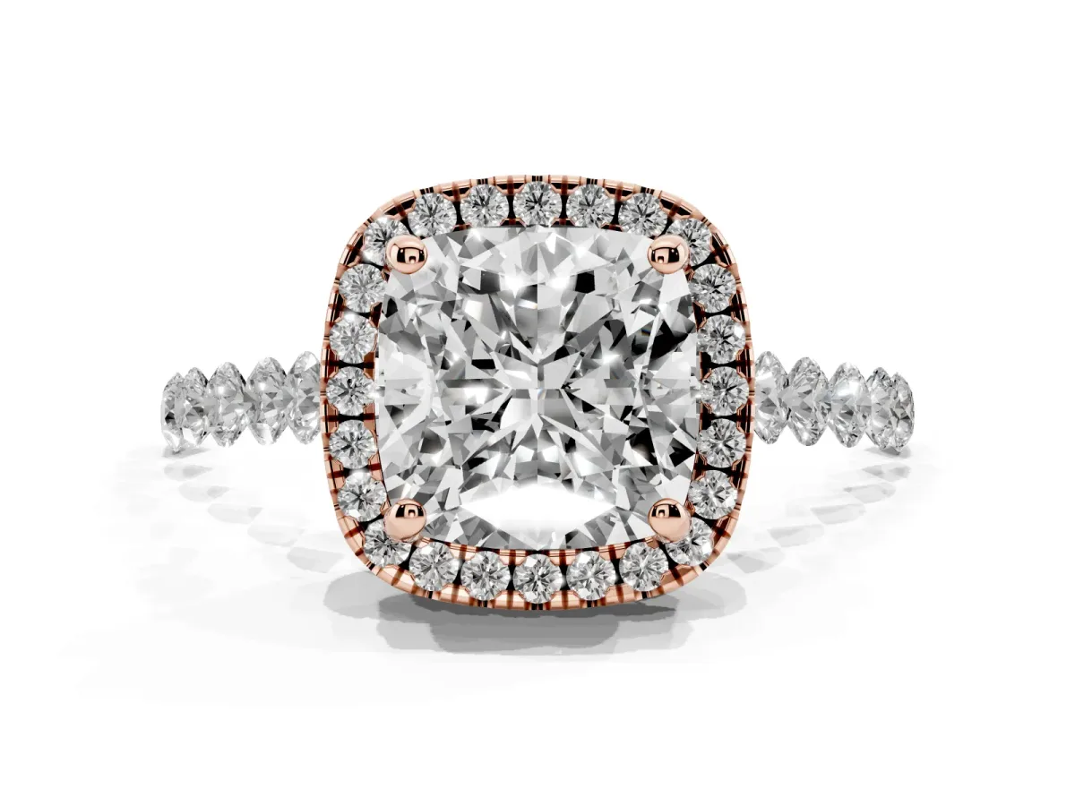 Cushion Cut Halo Pavé Diamond Engagement Ring with Four-Prong Setting Rose gold