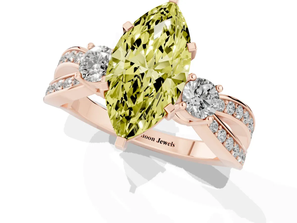 Fancy Yellow Three-Stone Marquise Cut Cut Diamond Twist Band with Prong Setting Rose gold
