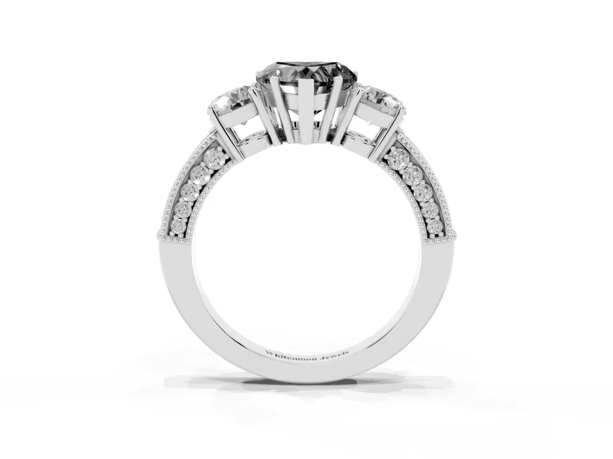 Fancy Black Heart Cut Three-Stone Diamond Ring with Pavé Band and Four-Prong Setting Silver