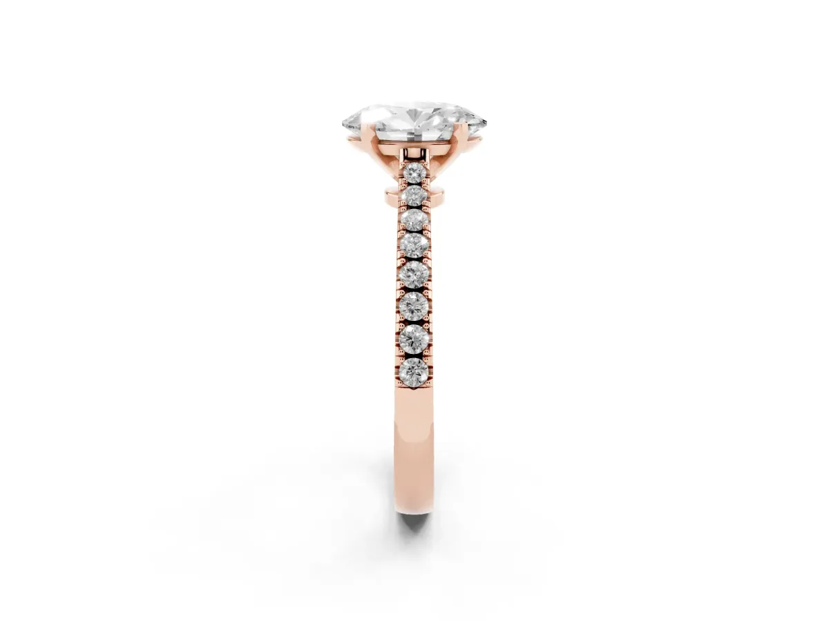 Oval Cut Cut Solitaire Diamond Engagement Ring with Pave Band and Four-Prong Setting Rose gold