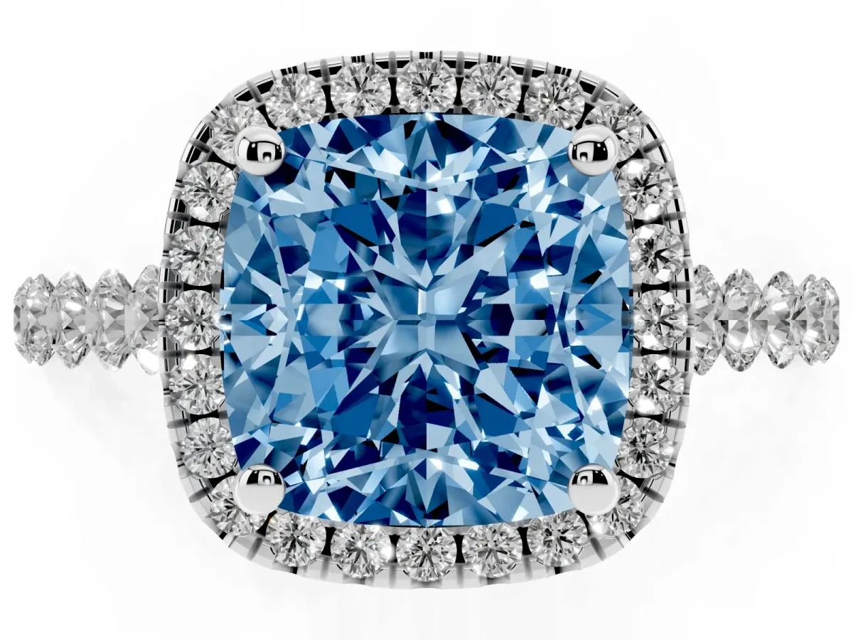 Fancy Blue Cushion Cut Halo Pavé Diamond Engagement Ring with Four-Prong Setting White gold