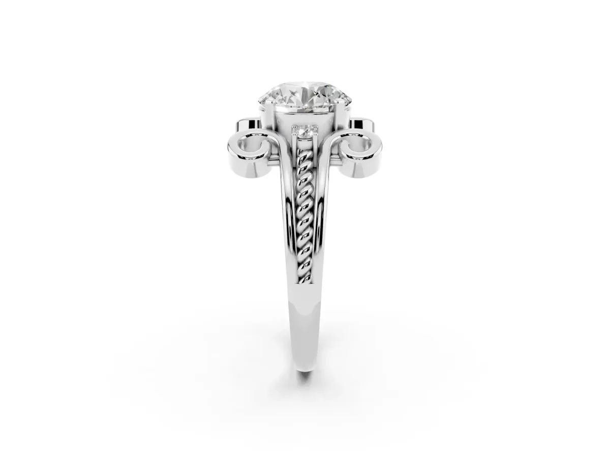 Round Cut Solitaire Twisted Band Scroll Prong Ring Silver