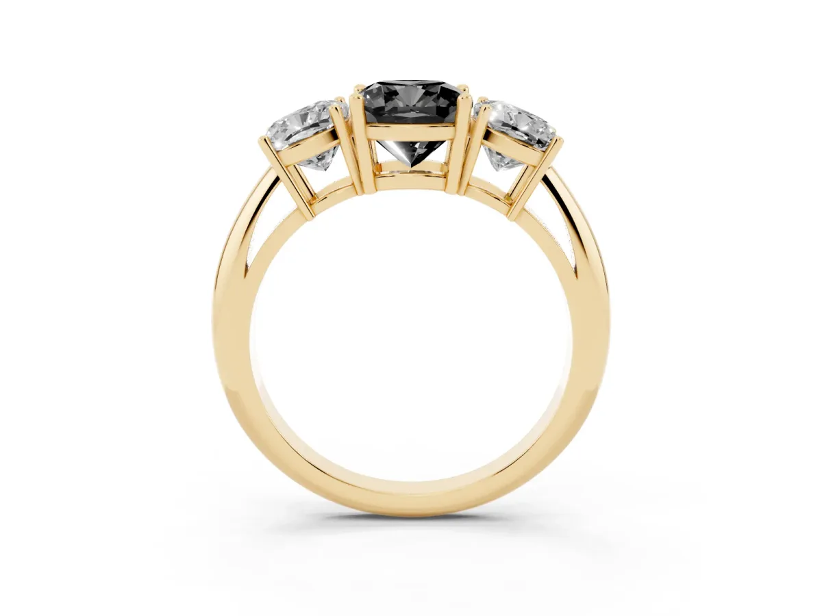 Fancy Black Three-Stone Cushion Cut Cut Diamond Engagement Ring with Prong Setting on a White Gold Band Yellow gold