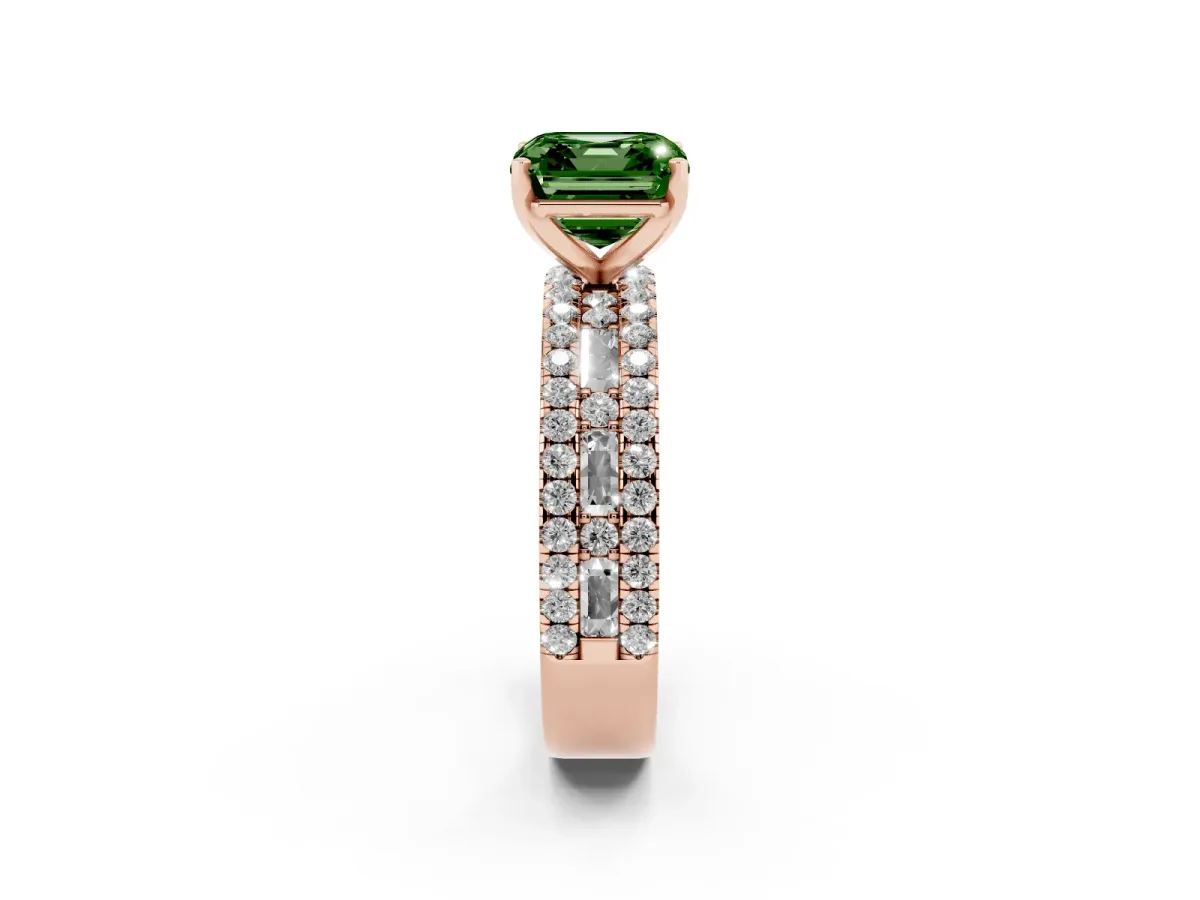 Fancy Green Asscher Cut Diamond Solitaire Ring with Pavé and Channel Set Band Rose gold