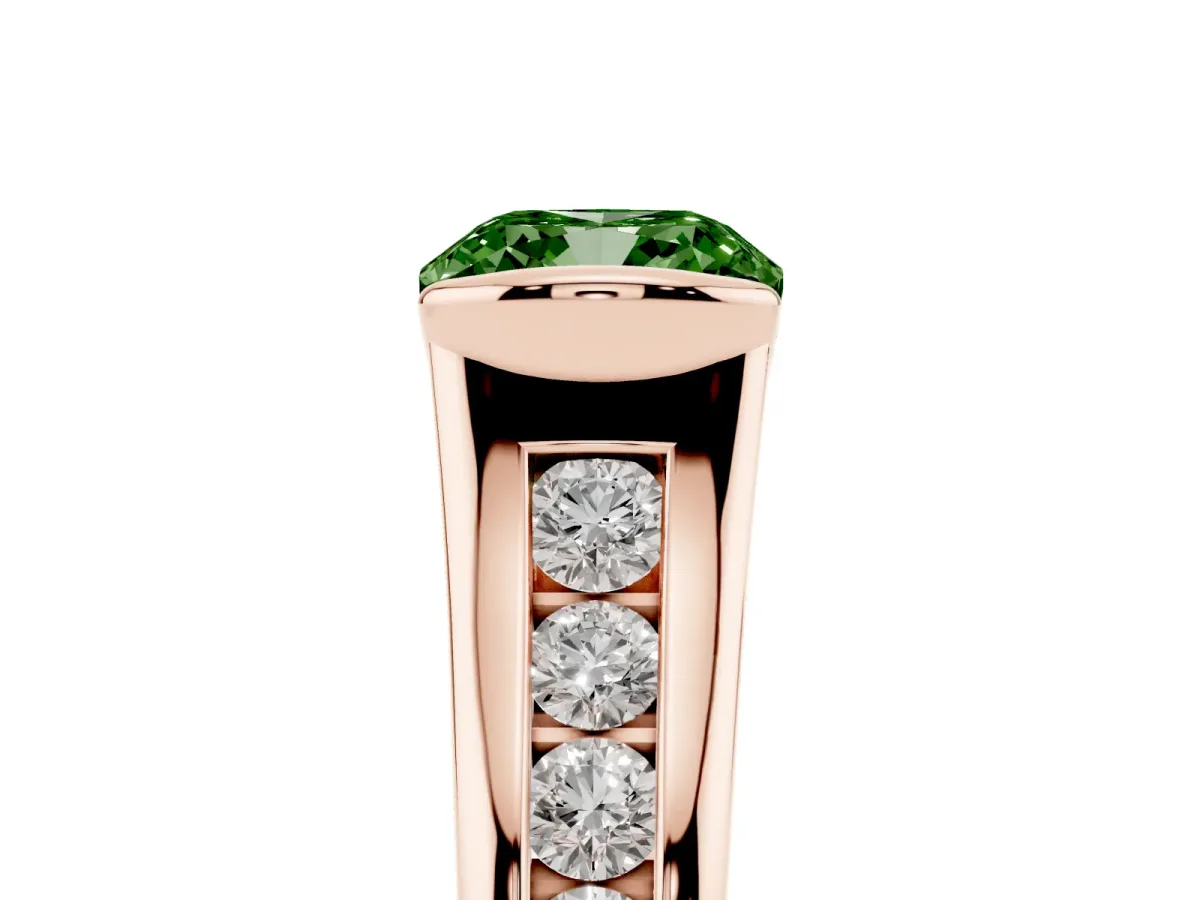 Fancy Green Cushion Cut Solitaire Bezel-Set Diamond Ring with Channel-Set Band Rose gold