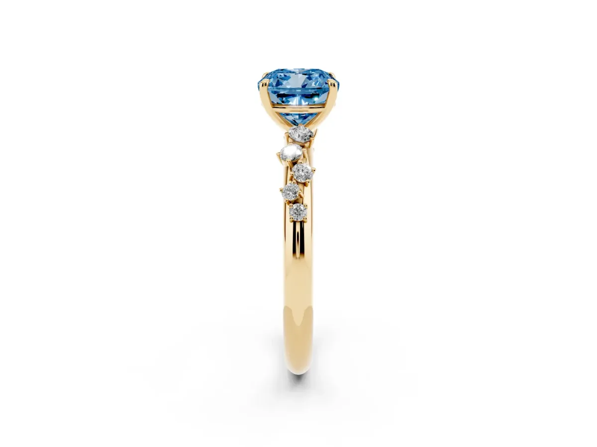 Fancy Blue Cushion Cut Diamond Cluster Prong-Set Solitaire Ring Yellow gold