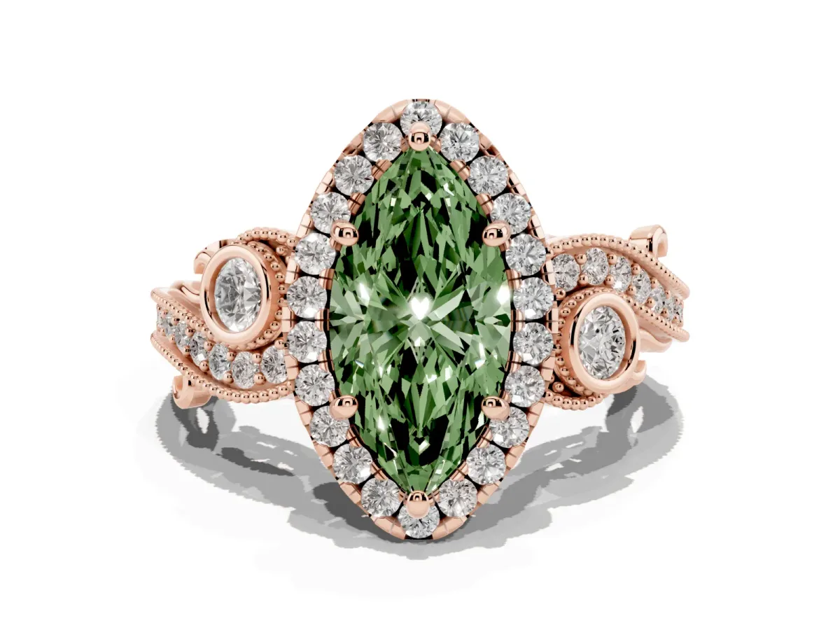 Fancy Green Marquise Cut Diamond Halo Ring with Milgrain Pavé Band and Four-Prong Setting Rose gold
