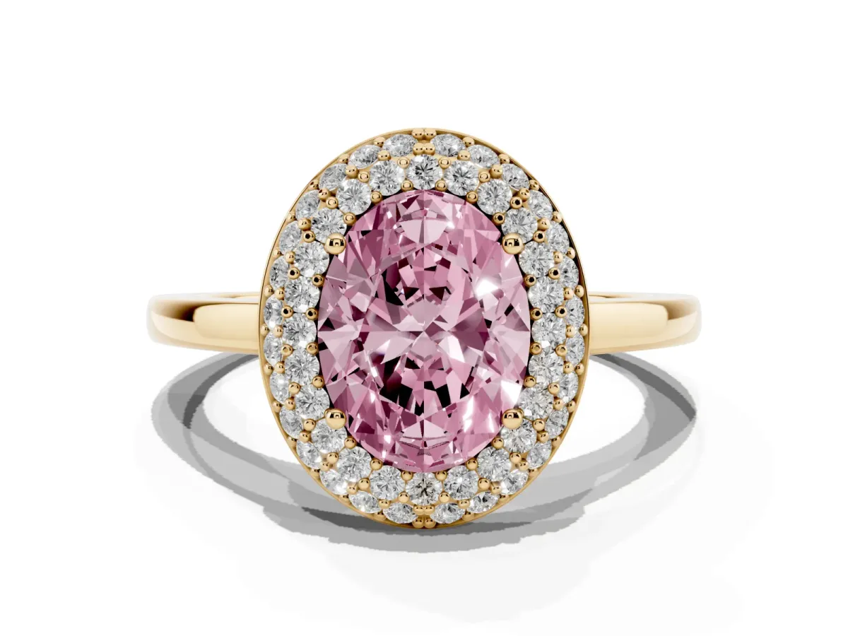 Fancy Pink Oval Cut Halo Diamond Engagement Ring with Solitaire Band and Four-Prong Setting Yellow gold