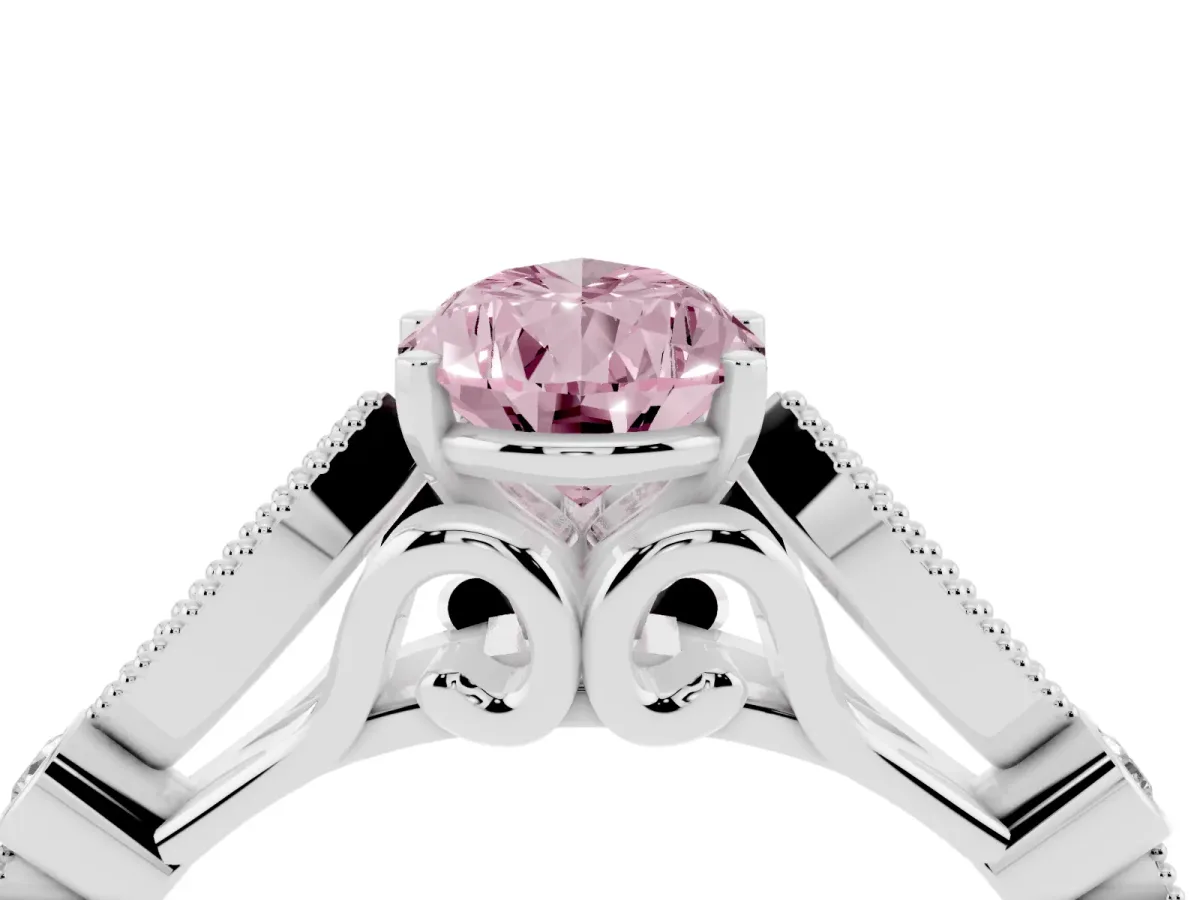 Fancy Pink Pear Cut Cut Diamond with Milgrain Marquise and Bezel Accents on a Solitaire Band with Prong Setting Platinum