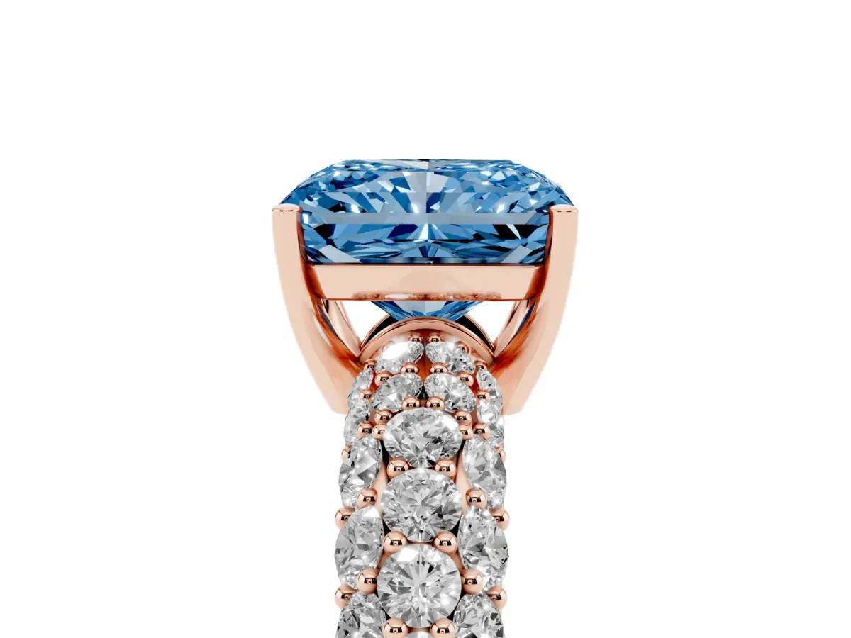 Fancy Blue Radiant Cut Diamond Pavé Band Solitaire Ring with Four-Prong Setting Rose gold