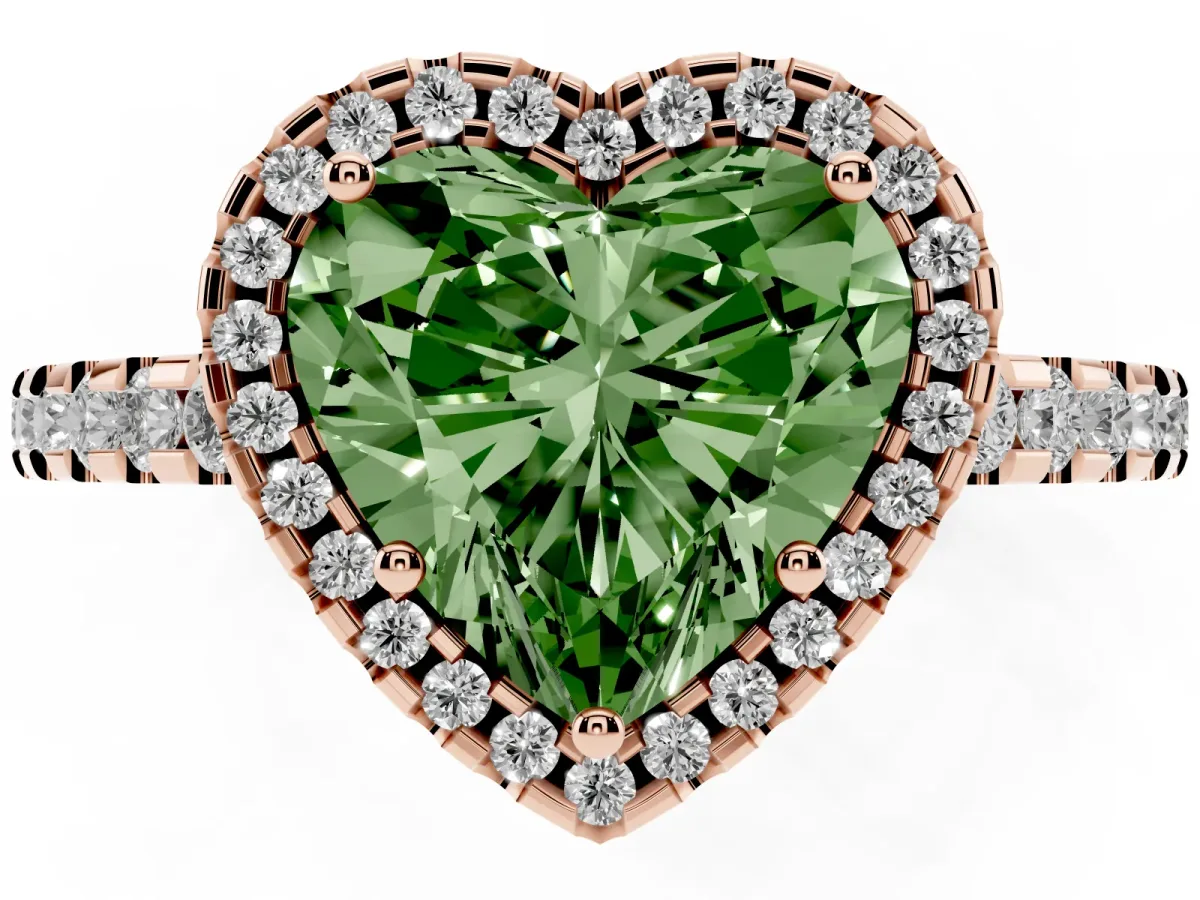 Fancy Green Heart Cut Diamond Halo Engagement Ring with Pavé Band and Prong Setting Rose gold