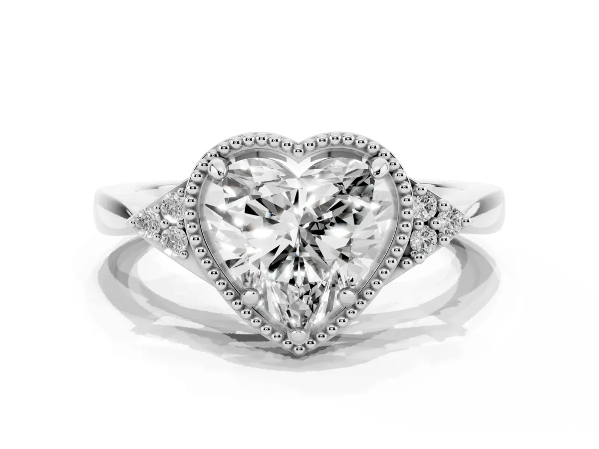 Hexagonal Halo Heart Cut Diamond Solitaire with Pavé Band and Four-Prong Setting Platinum