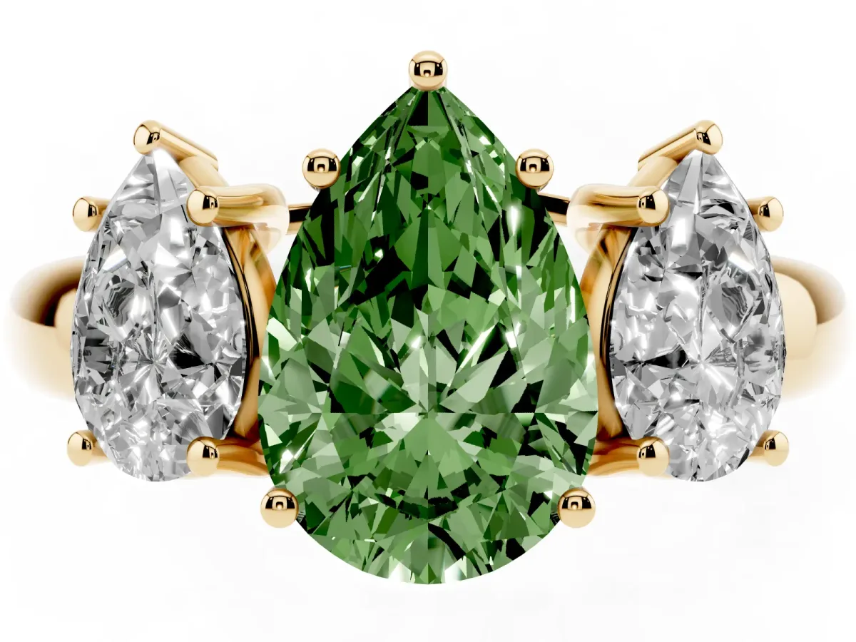 Fancy Green Three-Stone Pear Cut Diamond Engagement Ring with Prong Setting Yellow gold