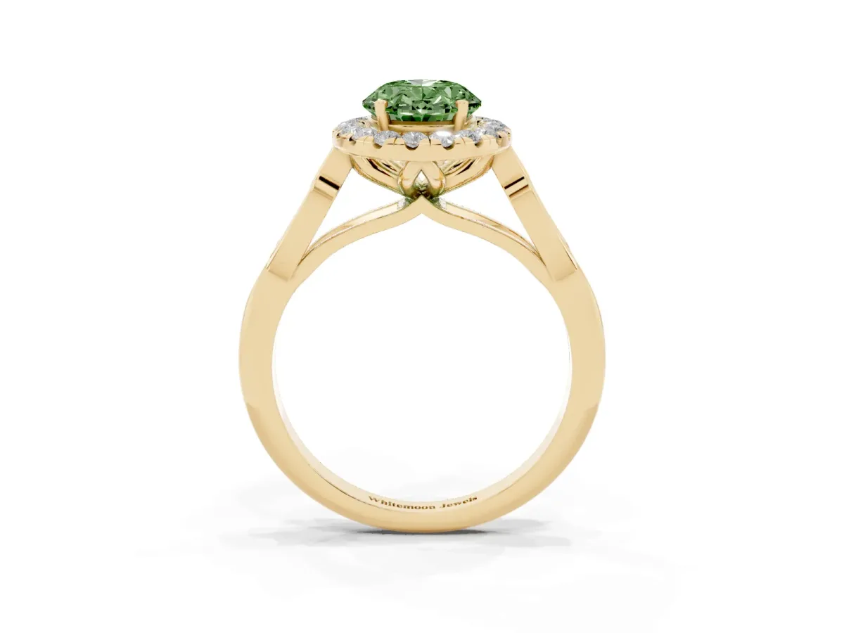 Fancy Green Oval Cut Halo Diamond Engagement Ring with Filigree Band and Four-Prong Setting Yellow gold