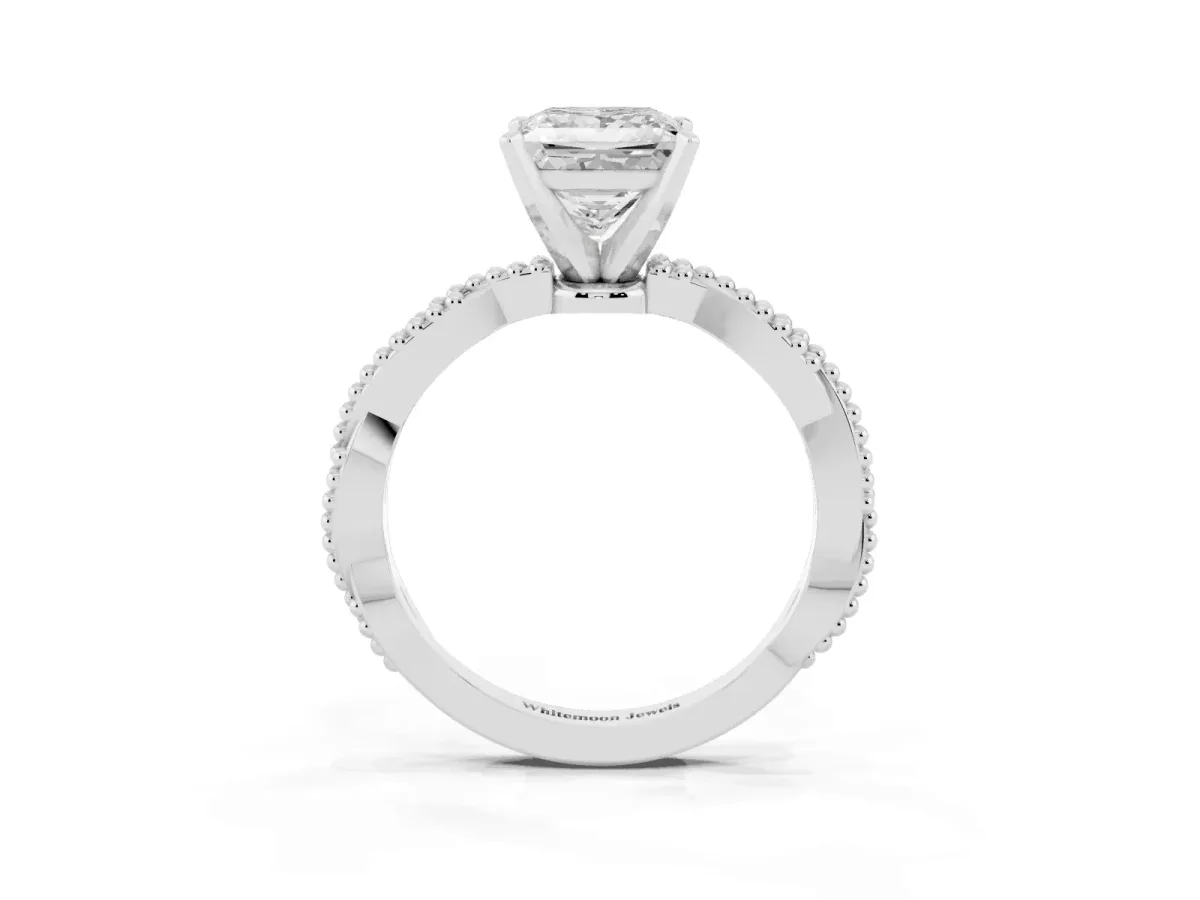 Princess Cut Solitaire Twisted Band with Bead Prong Setting Platinum